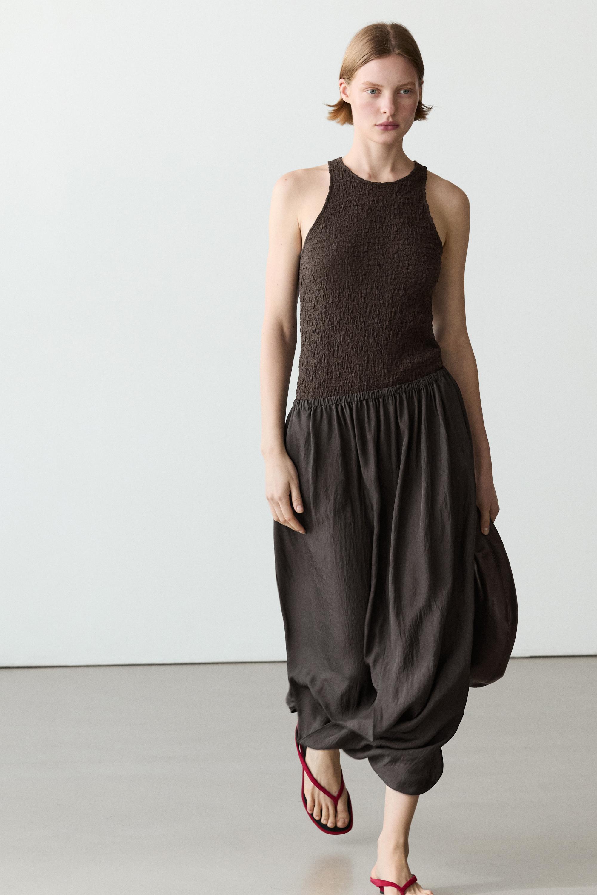 Midi skirt with gathered waistband — Dark brown