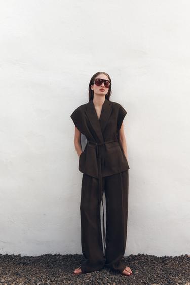COLETE CRUZADO COM LINHO ZW COLLECTION - Marrom da Zara