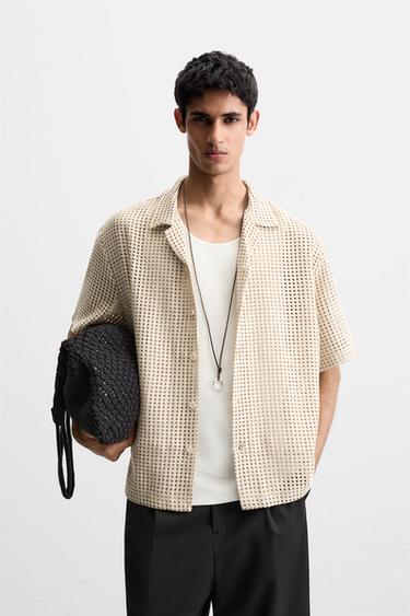 CAMISA JACQUARD ABERTO - Bege da Zara