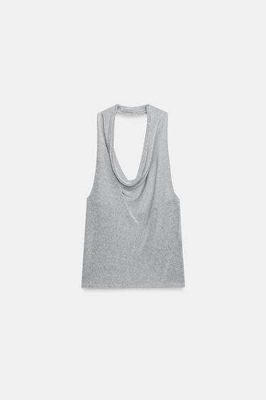 METALLIC THREAD HALTER KNIT TOP - Silver by Zara
