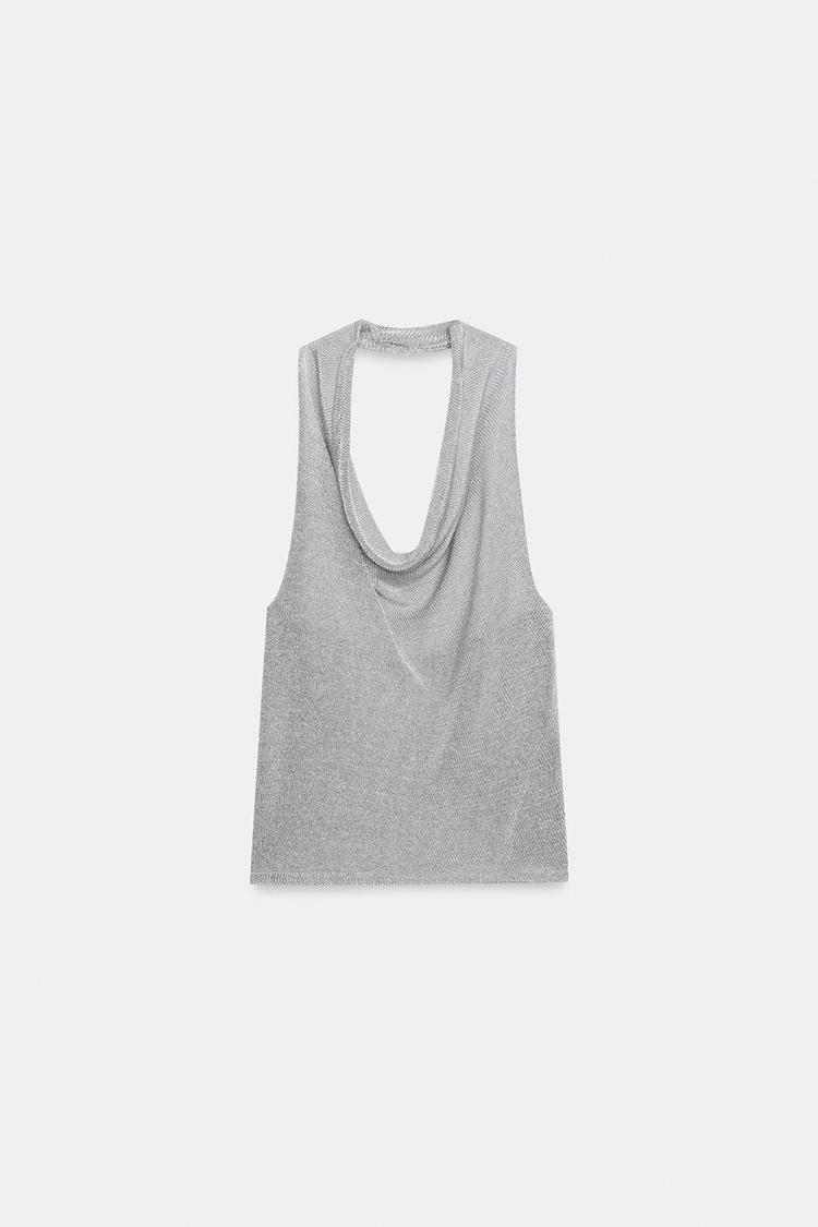 METALLIC THREAD HALTER KNIT TOP