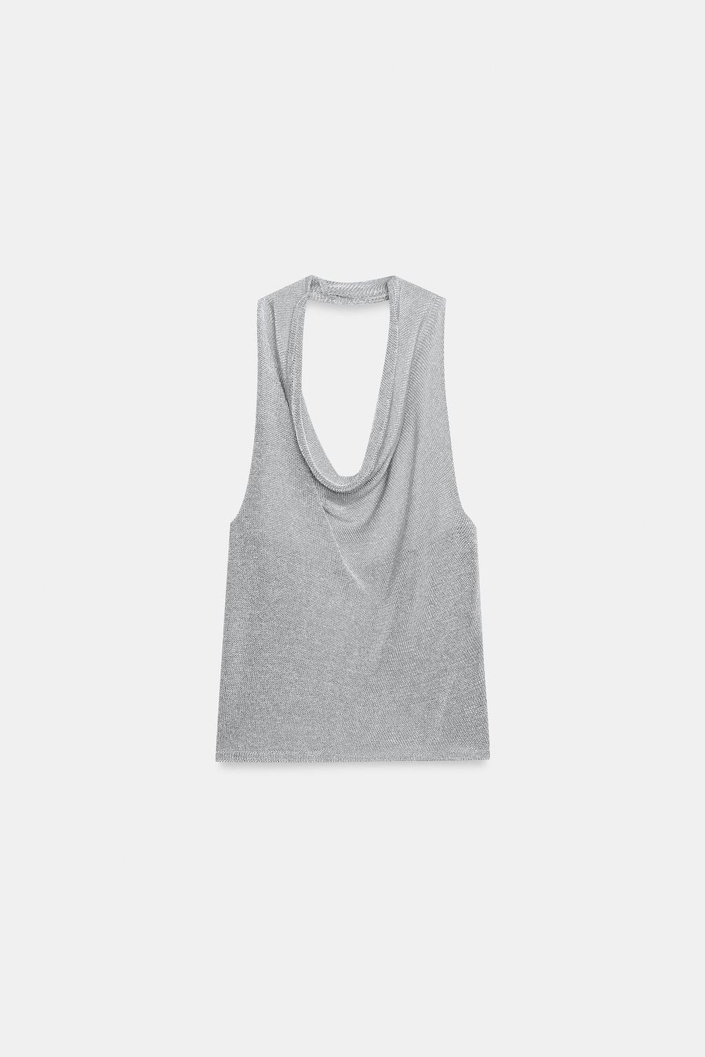 METALLIC THREAD HALTER KNIT TOP