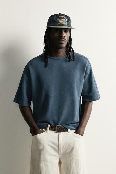 Zara WASHED PRINTED KNIT T-SHIRT - Navy blue