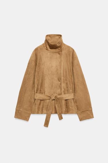 Zara FAUX SUEDE BELTED JACKET - Dark camel
