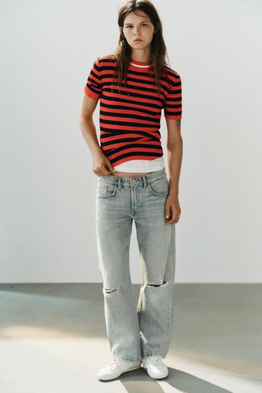 STRIPED RIBBED KNIT TOP - red/navy by Zara
