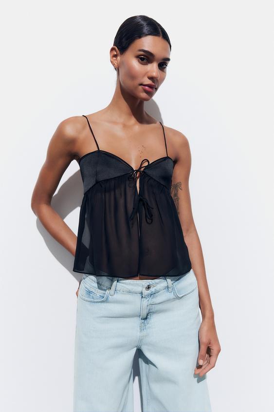 Stylish Black Embroidered Camisole with Spaghetti Straps