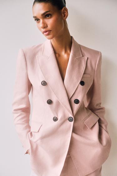 Zara 100% LINEN DOUBLE BREASTED BLAZER SET - Beige-pink
