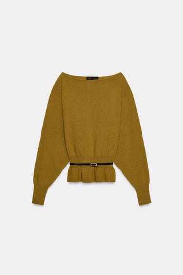 PULL EN MAILLE AVEC CEINTURE - Vert huile de Zara - Image 0