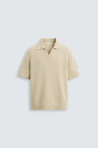 Zara TEXTURED KNIT POLO SHIRT - taupe brown