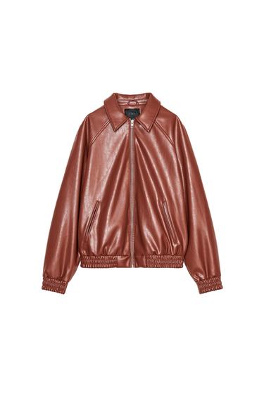 Front view of a brown jacket with a zip and side pockets.