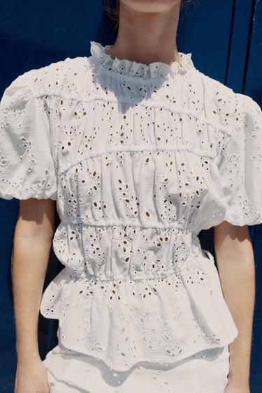 TOP WITH GATHERING AND CUTWORK EMBROIDERY - White by Zara - Image 0