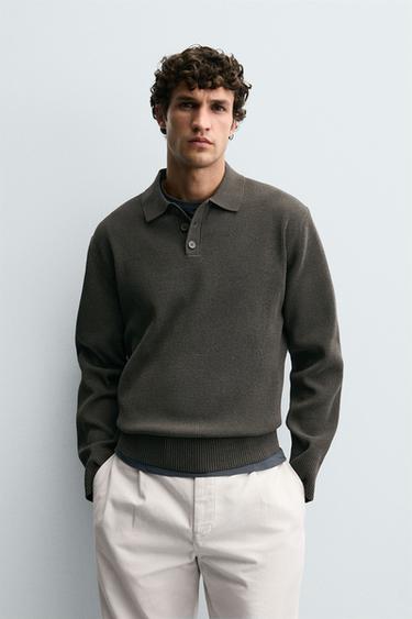 CHENILLE KNIT POLO SHIRT - Grey green by Zara