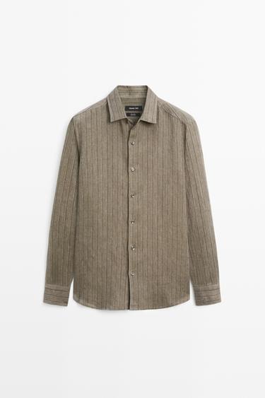 Chemise à rayures regular fit 100 % lin - Vert foncé de Zara
