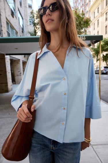 Zara POPLIN SHIRT WITH VOLUMINOUS SLEEVES - Sky blue