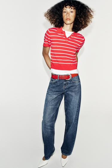 STRIPED SHORT SLEEVE KNIT POLO SHIRT - Red by Zara - Image 0