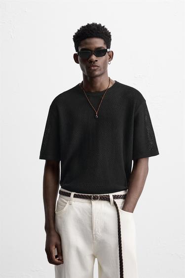 Zara TEXTURED KNIT T-SHIRT - Black