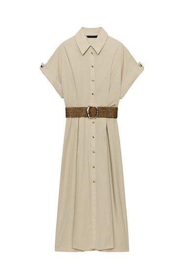 VESTITO MIDI IN POPELINE CON CINTURA - Beige chiaro di Zara