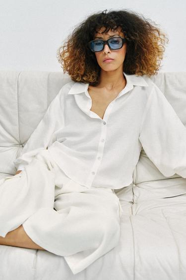 LINEN BLEND PUFF SLEEVE SHIRT - White by Zara