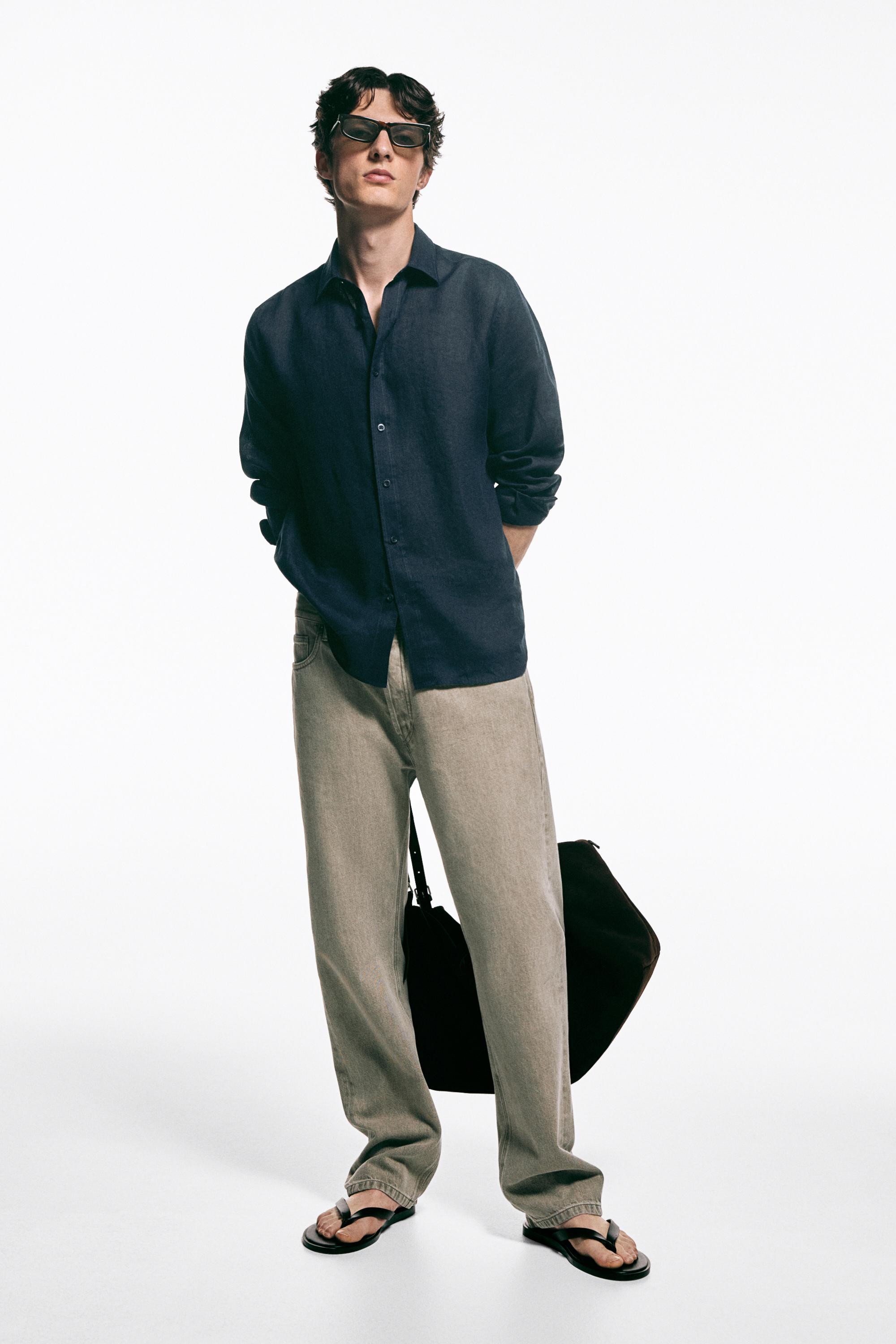 Slim fit 100% linen shirt — Navy blue