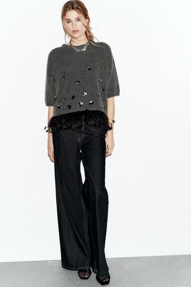 WOOL, SEQUIN AND FEATHER JUMPER - Grey by Zara