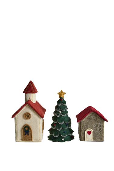 Zara FELT HOUSE, CHURCH AND LIGHT-UP CHRISTMAS TREE ORNAMENTS (SET OF 3) - Multicoloured