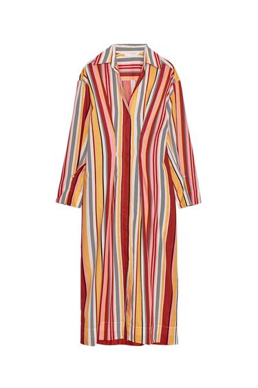 Long dress with vertical stripes in shades of red, yellow, pink, and white, featuring a classic collar and long sleeves.