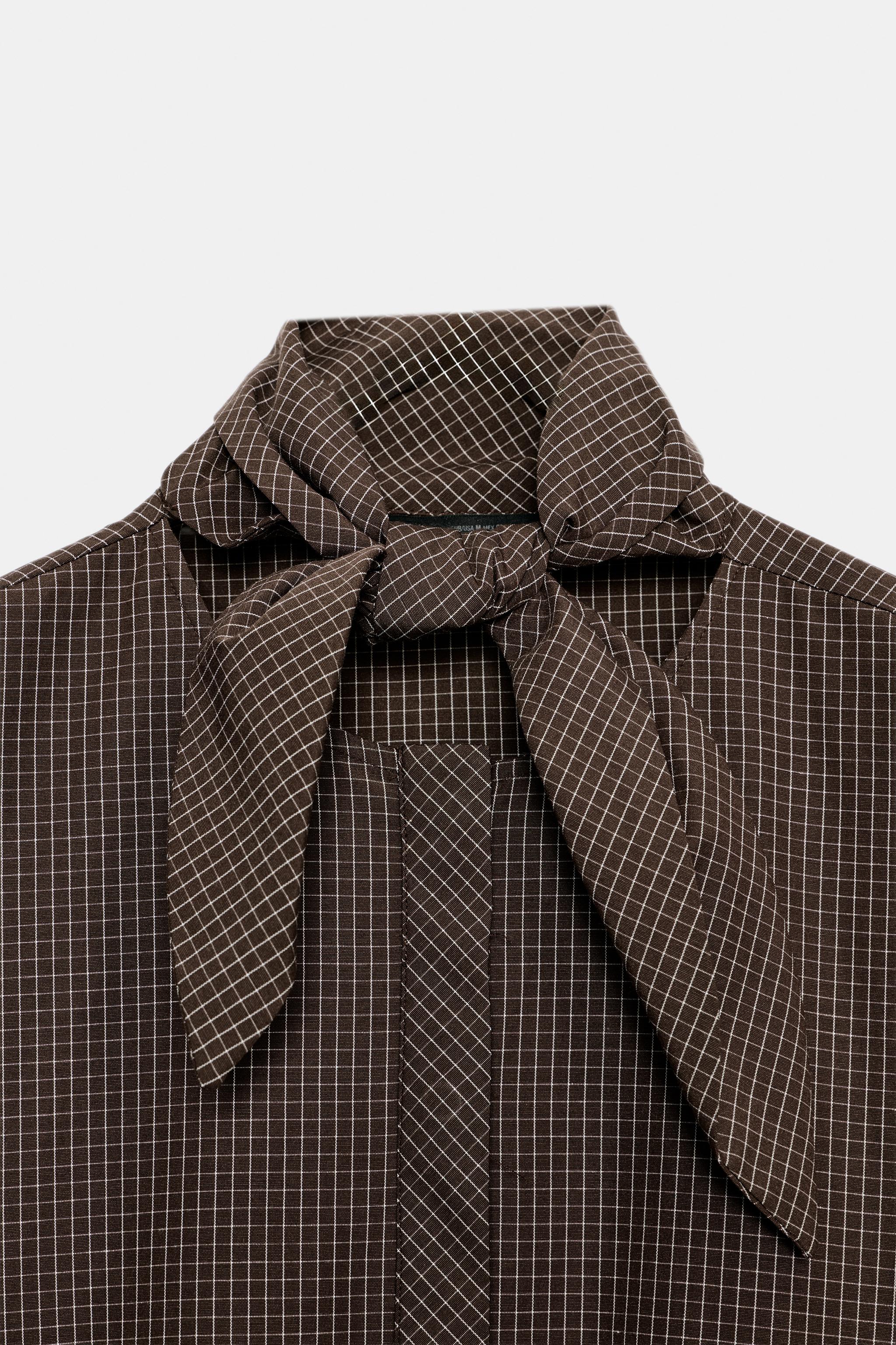 マメクロゴウチChequered Shirt With Ribbon Tie CHECK SHIRT WITH SCARF - Brown | ZARA South Africa