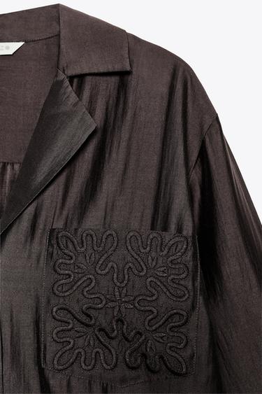 ZW COLLECTION EMBROIDERED POCKET SHIRT - Brown by Zara