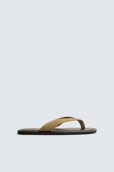 Zara LEATHER STRAP SANDALS - Beige