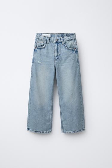 Zara EMBROIDERED TEXT WIDE LEG JEANS - Light blue