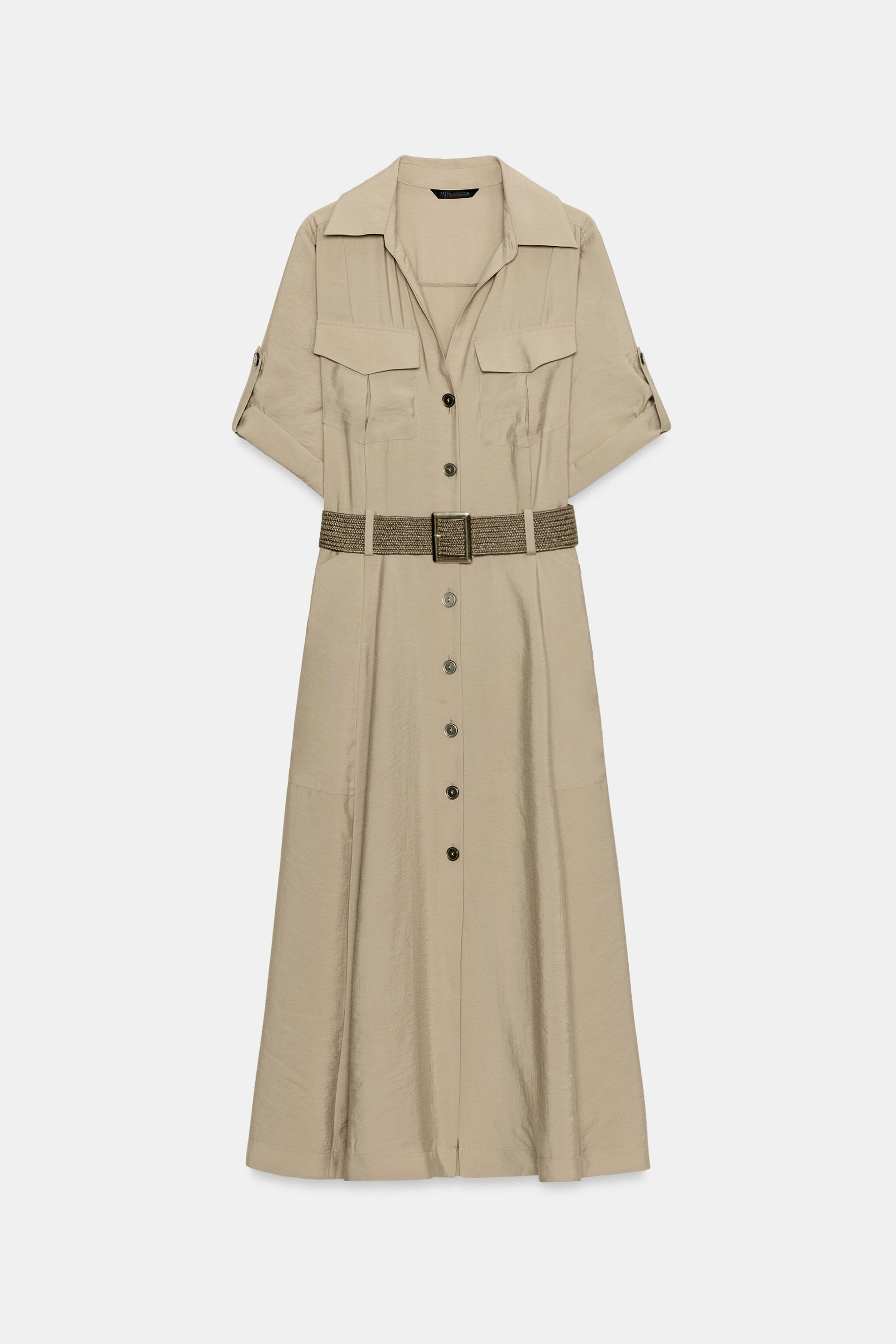 BELTED MIDI SHIRT DRESS — taupe brown