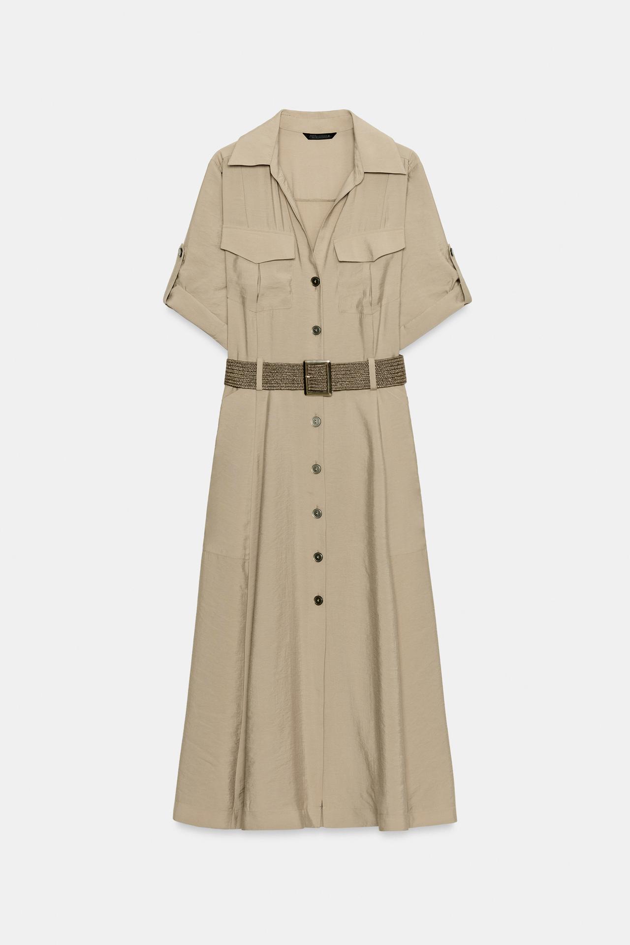 BELTED MIDI SHIRT DRESS — taupe brown