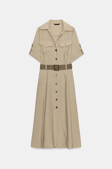 Zara BELTED MIDI SHIRT DRESS - taupe brown
