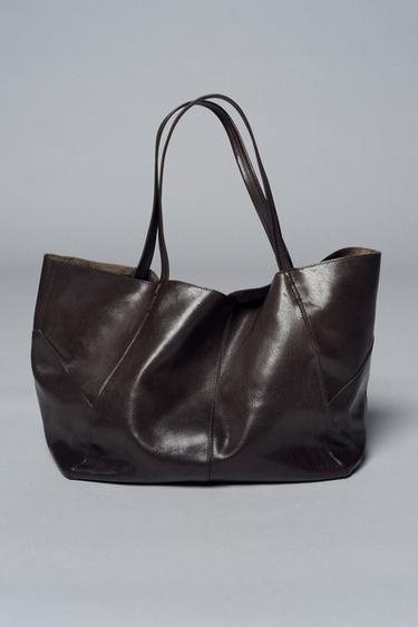 Zara MAXI LEATHER SHOPPER - Chocolate