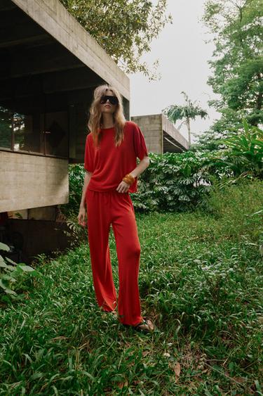 RUSTIC WIDE-LEG TROUSERS - Red by Zara - Image 4