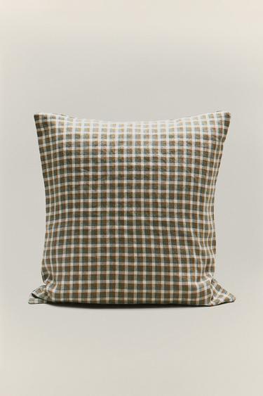 CHECKED LINEN CUSHION COVER — Green / Blue 1