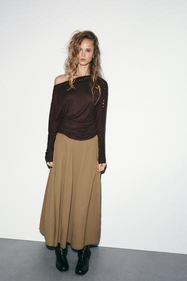 Zara 飾釘長袖 T 恤 - 深棕色