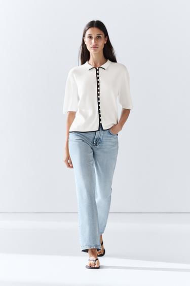 Zara Short sleeve knit cardigan with contrast detail - White - Image 0