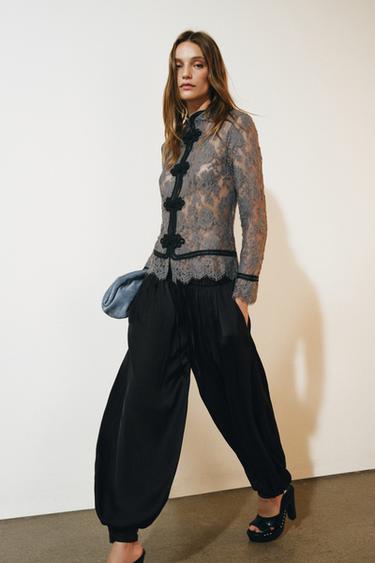 Zara ZW COLLECTION 蕾絲牛角扣襯衫 - 中灰色 - 圖片 0
