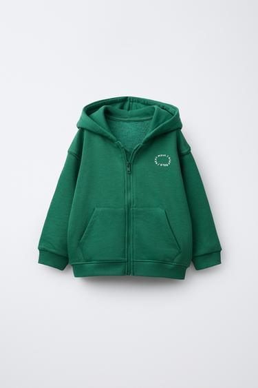 BASIC SLOGAN ZIP-UP HOODIE - Green by Zara