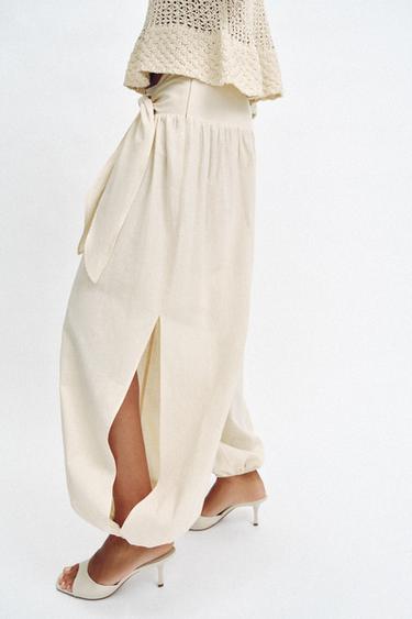 Zara TIED BALLOON PANTS - Light beige