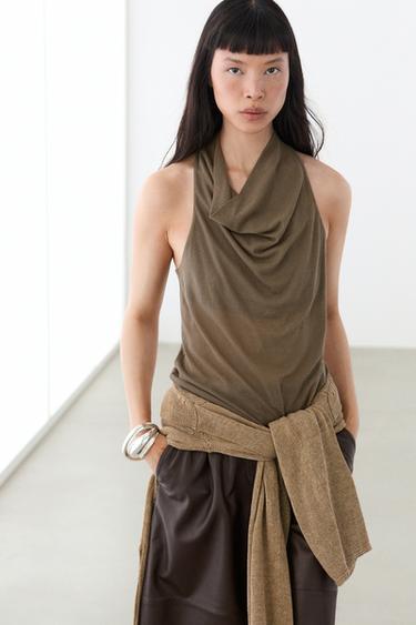 Zara Flowing cotton halter top - Black gold