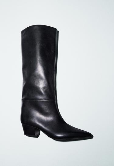 Zara HEELED LEATHER BOOTS - Black