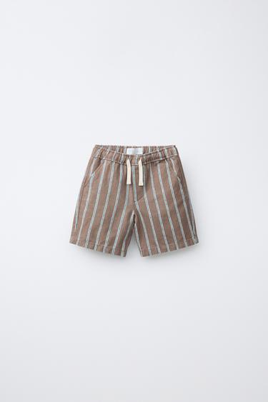 Zara 棉麻條紋百慕達短褲 - 淺棕色
