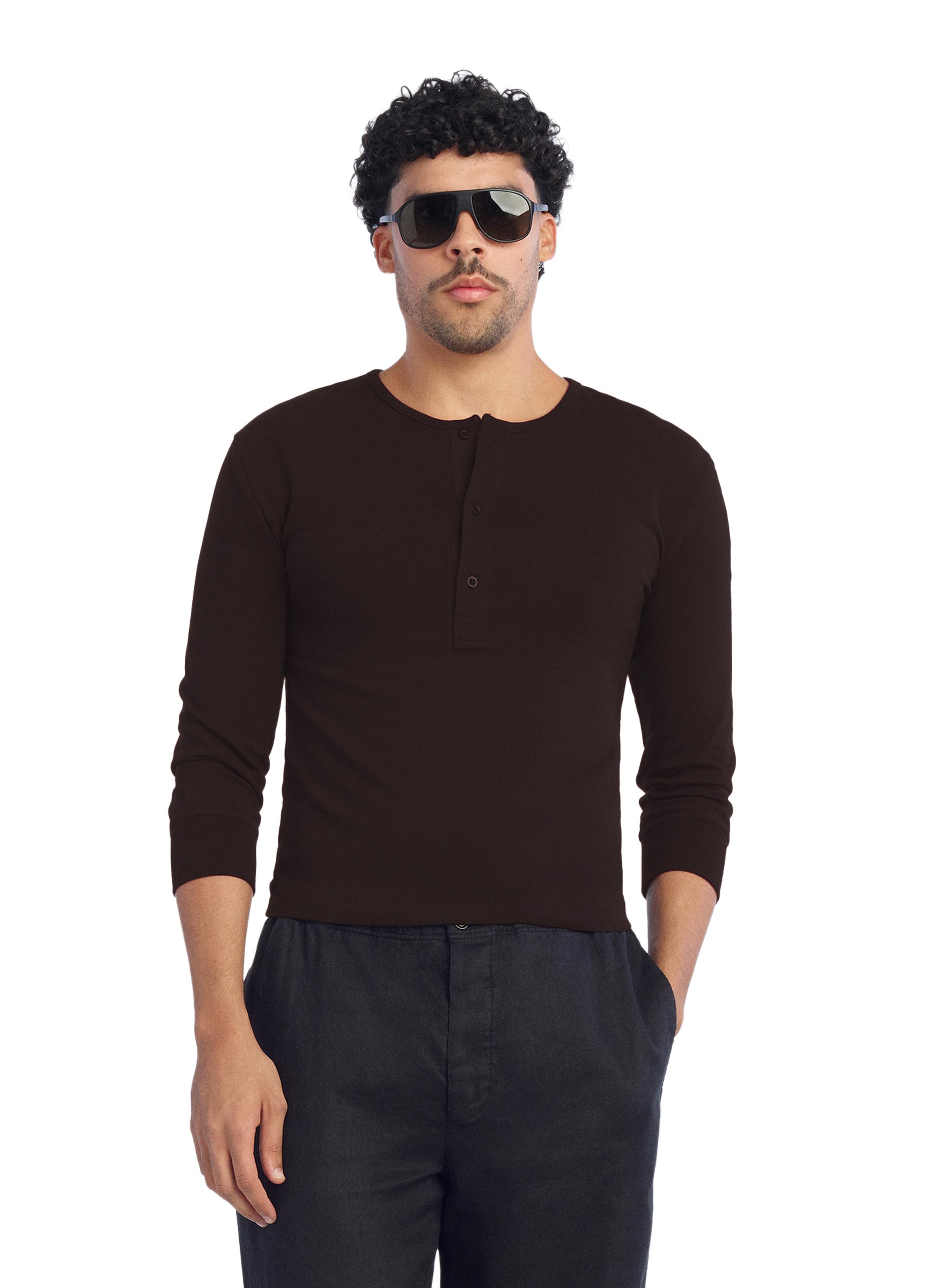 CROPPED FIT HENLEY T-SHIRT — Brown