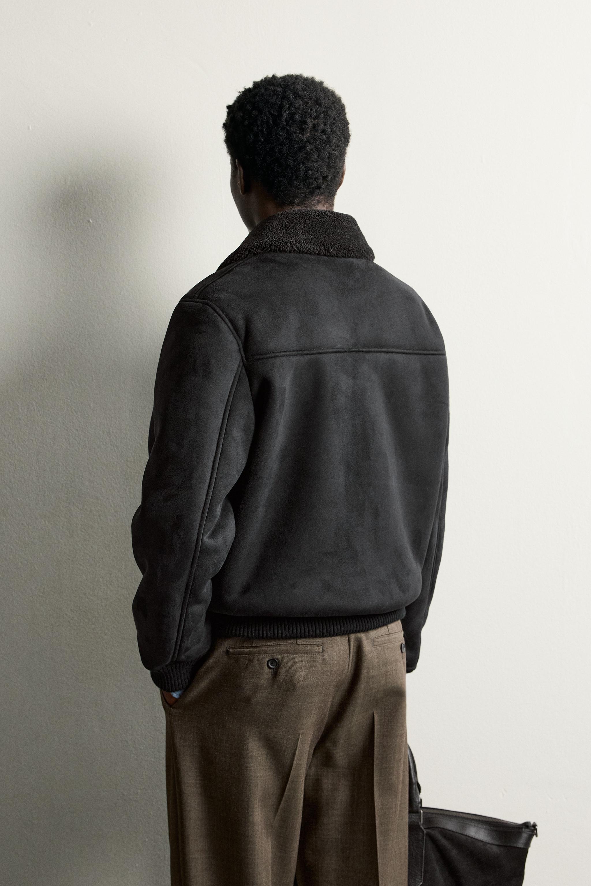 CONTRAST FAUX-SHEARLING FAUX LEATHER-EFFECT JACKET
