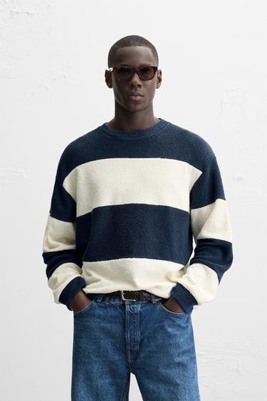 Zara STRIPED TERRYCLOTH SWEATSHIRT - Ecru / Navy
