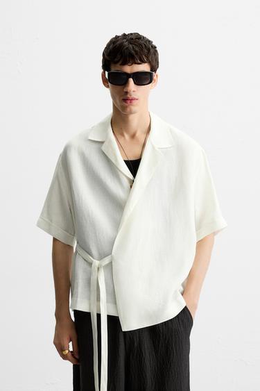 100% LINEN TIE SHIRT - Oyster-white by Zara