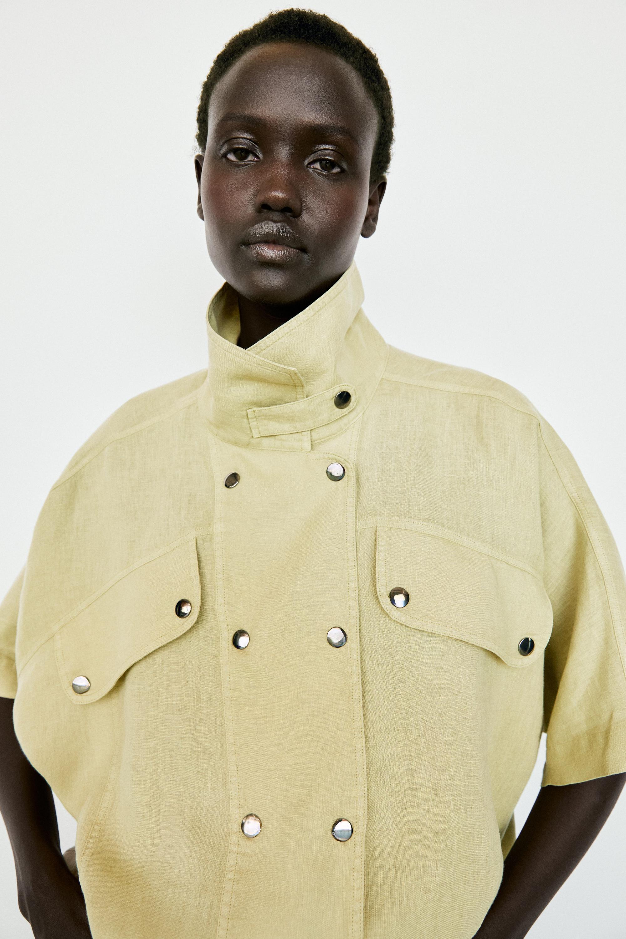 Short sleeve linen snap button shirt — Lime green