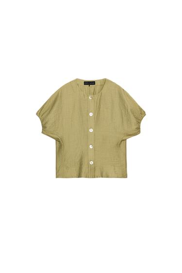 PUFF SLEEVE LINEN BLEND TOP - washed green by Zara